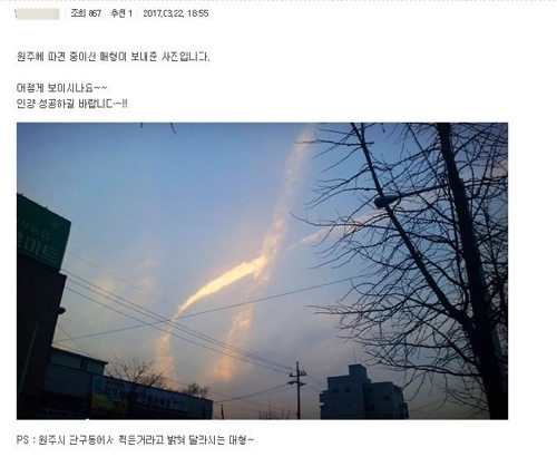 ▲ 한 포털 유명카페 게시판에 올라온 '세월호 노란 리본 구름' 인증사진