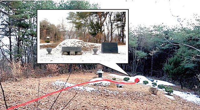 최문순 도지사 조부모 묘소(사진 왼쪽)와 민병희 도교육감 부친묘소. 빨간선이 묘소로 들어가는 맥로다.  