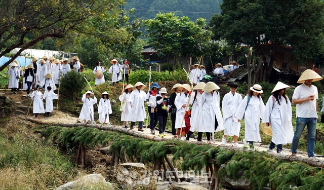 ▲ 제8회 김삿갓 해학의 길 걷기 행사 참가자들이 전통 섶다리를 건너고 있다. 이재용