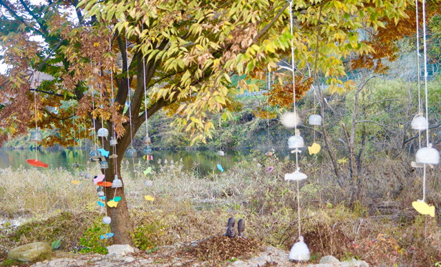 ▲ ‘아트렁크,11월(月)’전이 2~5일 춘천 어게인십일월에서 열린다.사진은 원민규 작가가 설치 중인 나무와 도자기를 사용한 108개의 풍경 일부.