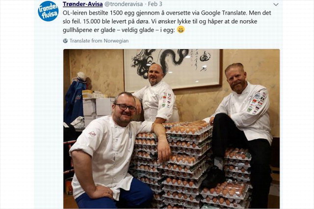 ▲ 평창올림픽에 참가한 노르웨이 선수단의 스탈레 요한센 셰프가 구글 번역기 오류로 1만 5000개가 배달된 계란 앞에서 찍은 기념사진을 트위터에 올렸다.