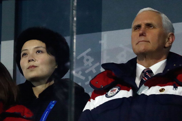 ▲ 지난 9일 평창 동계올림픽 개막식에 참석한 마이크 펜스 미국 부통령(사진 오른쪽)과 김여정 북한 노동당 제1부부장.