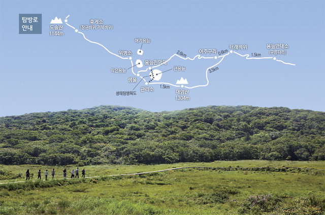 ▲ 대암산 용늪의 풍경과 생태탐방 지도.탐방객들이 탐방로를 따라 용늪을 둘러보고 있다.