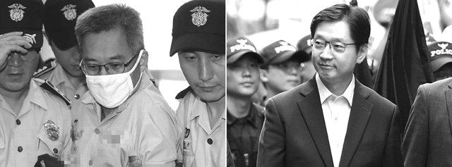 ▲ 김경수 경남도지사(오른쪽)가 드루킹의 댓글조작 행위를 공모한 혐의로 특검에 재소환된 9일 오후 ‘드루킹’ 김동원 씨(왼쪽)가 서울 강남구 허익범 특검으로 소환되고 있다.   