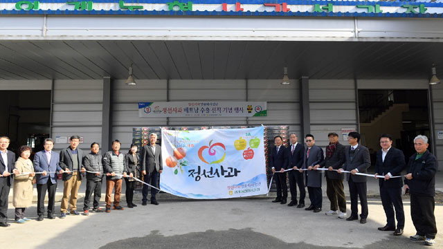 ▲ 정선사과 베트남 수출 선적식이 15일 임계농협 사과유통센터에서 열렸다.