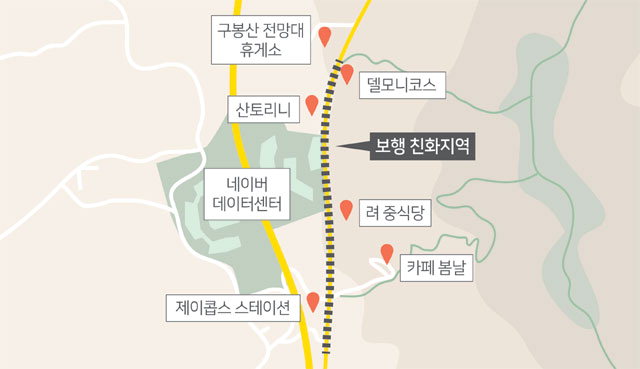 ▲ 왕복 2차선으로 축소되는 구봉산 진입로∼구봉산 전망대 구간. 그래픽/홍석범  