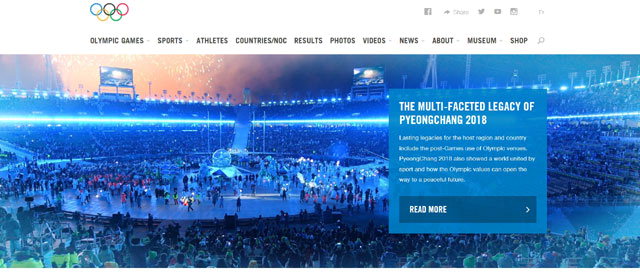 ▲ IOC는 6일 홈페이지 메인화면을 평창올림픽 폐막식 사진과 ‘평창올림픽의 다양한 유산’ 헤드라인으로 장식했다. 사진은  홈페이지 메인화면.