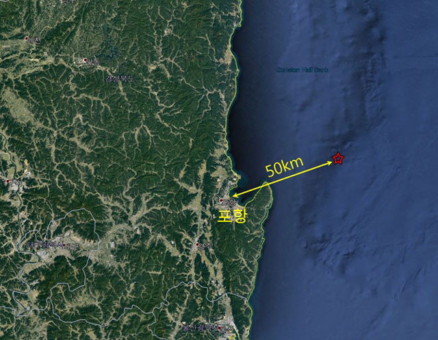▲ 10일 오후 12시 53분 포항 북구 동북동쪽 50km 해역에서 규모 4.1 지진이 발생했다.  