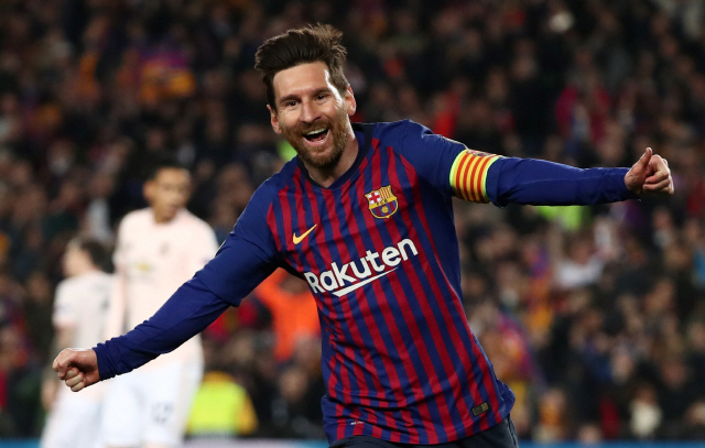 ▲ Soccer Football - Champions League Quarter Final Second Leg - FC Barcelona v Manchester United - Camp Nou, Barcelona, Spain - April 16, 2019  Barcelona&lsquo;s Lionel Messi celebrates scoring their second goal          REUTERS/Sergio Perez     TPX IMAGES OF THE DAY