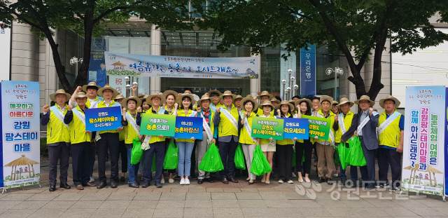 ▲ 농협중앙회 강원본부(본부장 함용문)와 강원도팜스테이마을협의회(회장 이하섭)는 17일 서울 광화문 빌딩 앞에서 ‘농촌에서 여름휴가 보내기’캠페인을 가졌다.