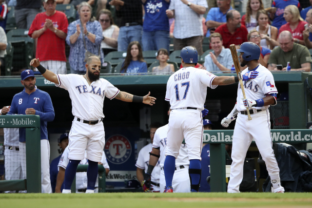 ▲ Jun 4, 2019; Arlington, TX, USA; Texas Rangers left fielder Shin-Soo Choo (17) celebrates with teammates after hitting a home run during the first inning against the Baltimore Orioles at Globe Life Park in Arlington. Mandatory Credit: Kevin Jairaj-USA TODAY Sports