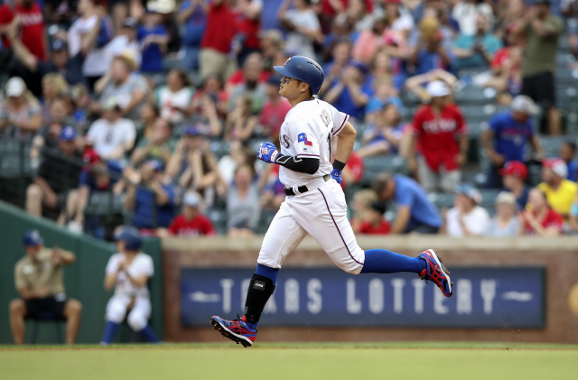 ▲ Jun 4, 2019; Arlington, TX, USA; Texas Rangers left fielder Shin-Soo Choo (17) rounds the bases after hitting a home run during the first inning against the Baltimore Orioles at Globe Life Park in Arlington. Mandatory Credit: Kevin Jairaj-USA TODAY Sports