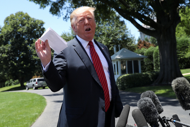 ▲ ATTENTION EDITORS: CORRECTING LETTER DESCRIPTION  U.S. President Donald Trump holds up what he described as proof of a deal with Mexico on immigration and trade as he speaks to the news media prior to departing for travel to Iowa from the South Lawn of the White House in Washington, U.S., June 11, 2019. REUTERS/Leah Millis     TPX IMAGES OF THE DAY