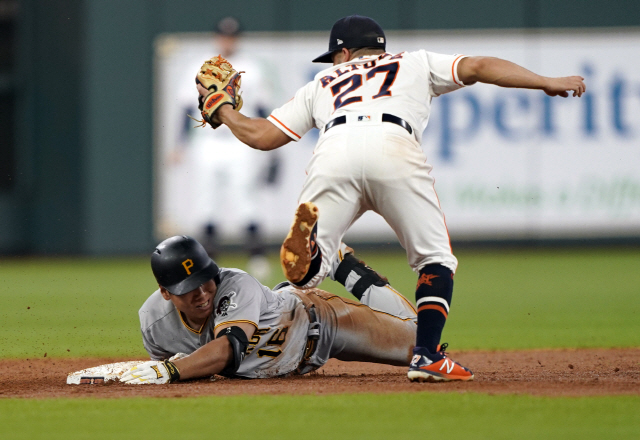 ▲ Pittsburgh Pirates&lsquo; Jung Ho Kang (16) is tagged out by Houston Astros second baseman Jose Altuve (27) while trying to stretch a single into a double during the second inning of a baseball game Thursday, June 27, 2019, in Houston. (AP Photo/David J. Phillip)
