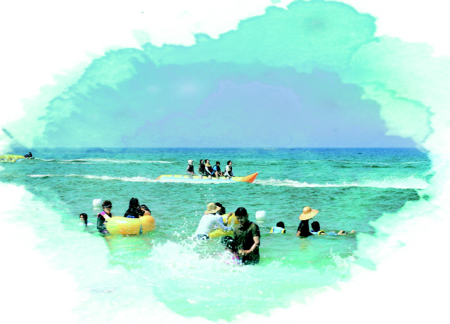 ▲ 주문진해수욕장을 찾은 피서객들이 물놀이와 다양한 바다 체험 재미에 빠져있다.