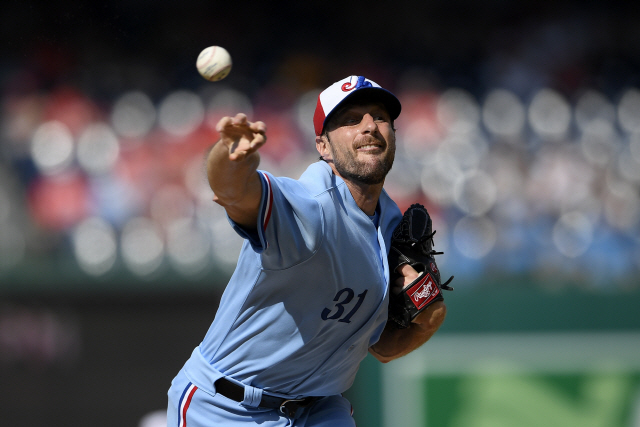 ▲ Washington Nationals starting pitcher Max Scherzer delivers during the third inning of a baseball game against the Kansas City Royals, Saturday, July 6, 2019, in Washington. (AP Photo/Nick Wass)&#10;&#10;&#10;&#10;<All rights reserved by Yonhap News Agency>