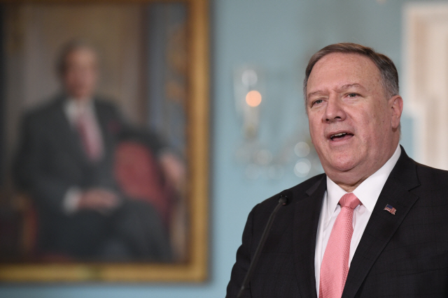 ▲ Secretary of State Mike Pompeo speaks during a press availability with Britain‘s Foreign Secretary Dominic Raab at the State Department in Washington, Wednesday, Aug. 7, 2019. (AP Photo/Susan Walsh)    <All rights reserved by Yonhap News Agency>