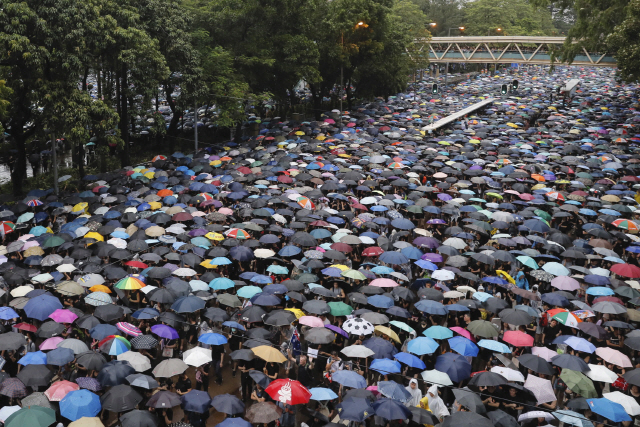 18일 홍콩 빅토리아 공원을 가득 메운 시민들이 우산을 받쳐든 채 ‘범죄인 인도 법안’(송환법) 반대 및 경찰의 강경 진압 규탄 시위를 벌이고 있다.     leekm@yna.co.kr (끝)   <저작권자(c) 연합뉴스, 무단 전재-재배포 금지>