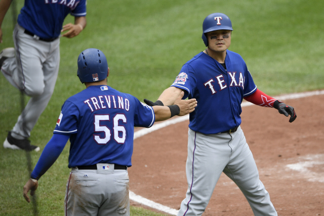 ▲ Texas Rangers‘ Shin-Soo Choo, right, of South Korea, celebrates with Jose Trevino (56) after they scored on a single by Nick Solak during the second inning of a baseball game against the Baltimore Orioles, Sunday, Sept. 8, 2019, in Baltimore. (AP Photo/Nick Wass)