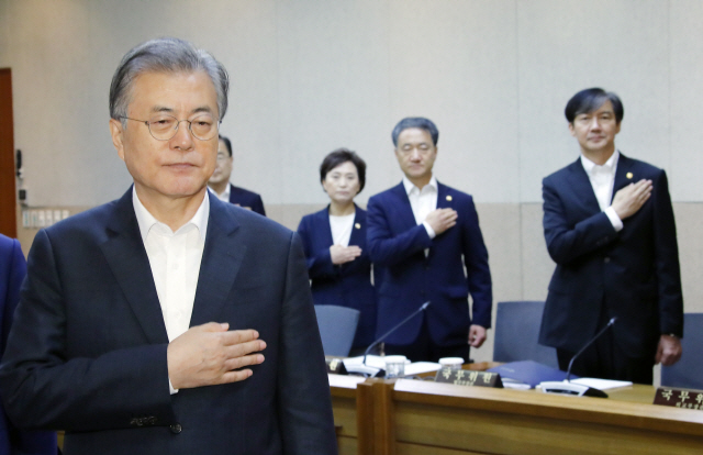 문재인 대통령이 10일 오전 성북구 한국과학기술연구원(KIST)에서 열린 현장 국무회의에서 국기에 경례하고 있다. 오른쪽은 조국 법무부 장관. 
