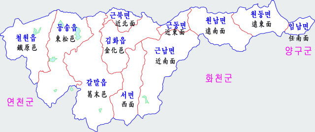 ▲ 6.25한국전쟁 정전협정으로 행정구역이 두동강난 철원군 행정지도.