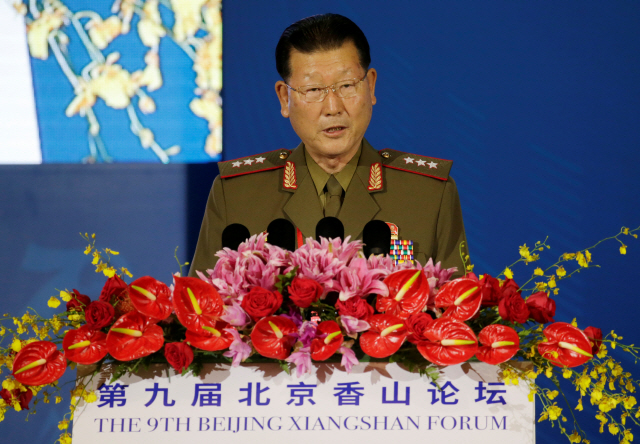 ▲ North Korea‘s Vice Minister of the People’s Armed Forces Kim Hyong Ryong speaks at the Xiangshan Forum in Beijing, China October 21, 2019. REUTERS/Jason Lee    <All rights reserved by Yonhap News Agency>