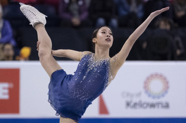 ▲ You Young, of South Korea, performs her free skate program at the Skate Canada International figure skating event in Kelowna, British Columbia, on Saturday, Oct. 26, 2019. (Paul Chiasson/The Canadian Press via AP)