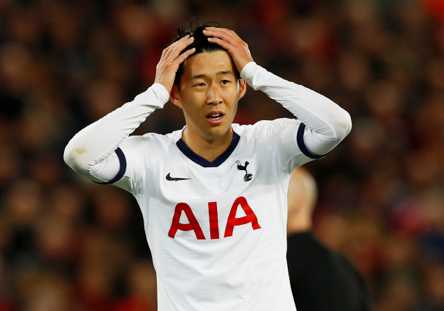 ▲ Soccer Football - Premier League - Liverpool v Tottenham Hotspur - Anfield, Liverpool, Britain - October 27, 2019  Tottenham Hotspur&lsquo;s Son Heung-min reacts  Action Images via Reuters/Jason Cairnduff  EDITORIAL USE ONLY. No use with unauthorized audio, video, data, fixture lists, club/league logos or &ldquo;live&rdquo; services. Online in-match use limited to 75 images, no video emulation. No use in betting, games or single club/league/player publications.  Please contact your account representative for further details.