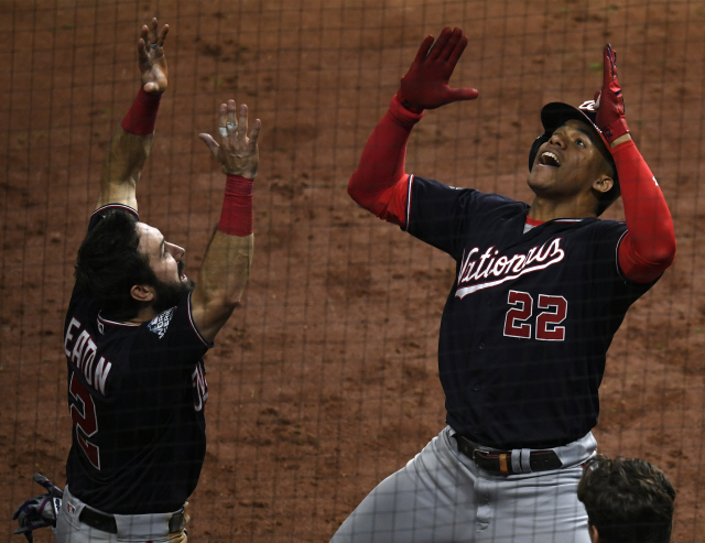 ▲ Washington Nationals Juan Soto (22) and Adam Eaton celebrate after hitting a solo home runs against the Houston Astros in the fifth inning in Game 6 of the 2019 World Series at Minute Maid Park in Houston on Tuesday, October 29, 2019.  The Astros lead the series 3-2 over the Nationals.  Photo by Trask Smith/UPI