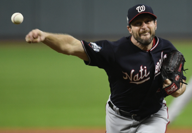 ▲ Washington Nationals opening pitcher Max Scherzer throws against the Houston Astros in the second inning in Game 7 of the 2019 World Series at Minute Maid Park in Houston, Texas on Wednesday, October 30, 2019.  The best-of-seven series is tied 3-3. Photo by Trask Smith/UPI