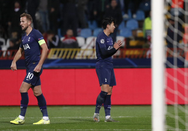▲ Tottenham&lsquo;s Son Heung-min, celebrates after scoring his side&rsquo;s second goal during the Champions League group B soccer match between Red Star and Tottenham, at the Rajko Mitic Stadium in Belgrade, Serbia, Wednesday, Nov. 6, 2019. (AP Photo/Darko Vojinovic)