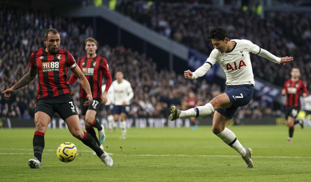 ▲ Tottenham Hotspur‘s Son Heung-min has a shot on goal during the English Premier League soccer match between Tottenham Hotspur and AFC Bournemouth at Tottenham Hotspur Stadium, London, Saturday, Nov. 30, 2019. (John Walton/PA via AP)    <All rights reserved by Yonhap News Agency>