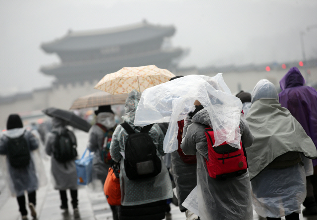 ▲ 눈이 내리다 비가 오는 19일 오후 우비를 입은 시민들이 서울 광화문광장을 지나고 있다. 2020.1.19