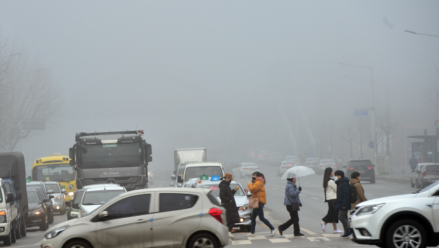 ▲ 13일 춘천전역에 짙은 안개가 끼어 차량들이 거북이 운행을 하고 있다.  서영