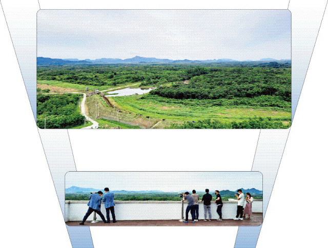 ▲ 철원평화전망대(사진 아래) 에서 바라본 DMZ(비무장지대)