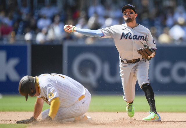 ▲ SAN DIEGO, CA - AUGUST 11: Miguel Rojas #19 of the Miami Marlins throws over Ha-Seong Kim #7 of the San Diego Padres as he turns a double play during the fifth inning of a baseball game at Petco Park on August 11, 2021 in San Diego, California.   Denis Poroy/Getty Images/AFP
== FOR NEWSPAPERS, INTERNET, TELCOS & TELEVISION USE ONLY ==