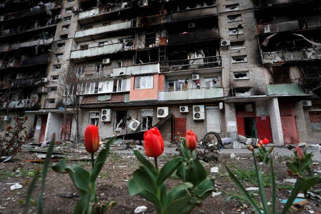 Tulipas, anunciando a nova primavera, são vistas em frente a um complexo de apartamentos em Mariupol, uma cidade portuária no sul da Ucrânia devastada por bombardeios indiscriminados pelas forças russas.  Depois de cercar as forças russas por quase dois meses e sofrer intensos ataques, mais de 90% da infraestrutura da cidade foi destruída e reduzida a escombros.  Notícias Yonhap