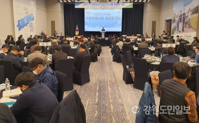 ▲ 강원도와 농협강원지역본부는 1일 강릉 씨마크호텔에서 강원도 및 참여 시군·지자체, 강원연합판매사업 참여농협 임직원, 농업인 등 200여명이 참석한 가운데 ‘2022년 강원연합판매사업 종합평가회’를 개최했다.