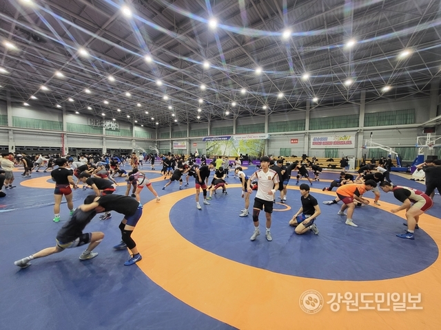 ▲ 12일 인제 다목적체육관에서 레슬링 전지훈련에 참가한 선수들이 파트너 훈련을 진행하고 있다.