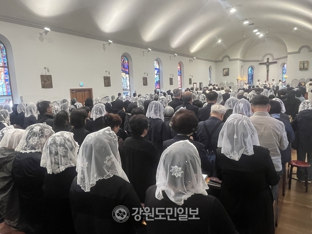 ▲ 25일 죽림동 성당에서 열린 프란치스코 교황 추모 미사에서 신자들이 교화의 안식을 바라는 기도를 하고 있다. 이채윤