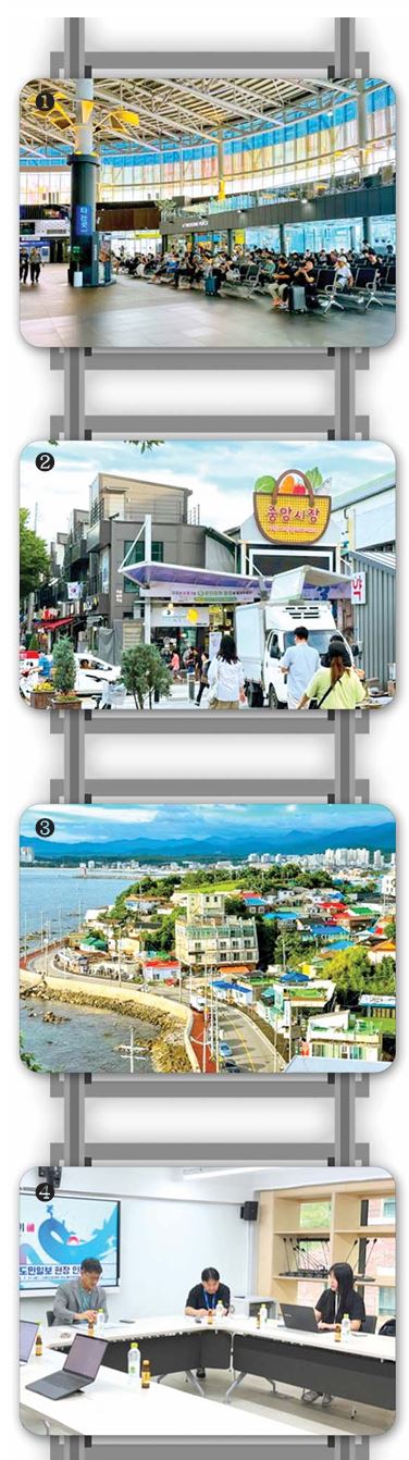 ▲ 1 강릉역에서 시민과 관광객들이 기차를 기다리고 있다. 2 강릉 중앙시장에 관광객들이 이동하고 있다. 3 강릉 주문진 일대의 모습. 4 강원관광재단 강성구 본부장과 7월 21일 인터뷰를 가졌다.  공동취재단