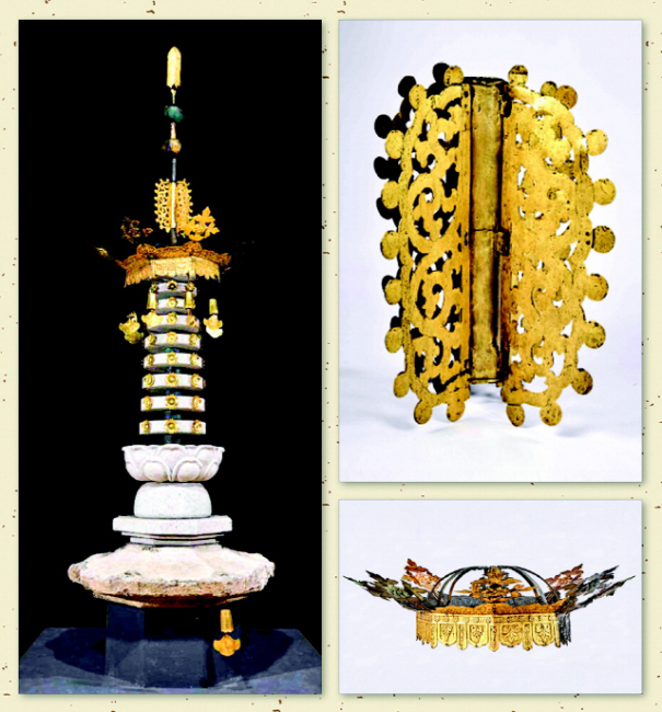 ▲ 월정사팔각구층석탑 상륜부 및 금속장엄물 복원전시 모습 ▲ 월정사팔각구층석탑 금속장엄물 수연 ▲ 월정사팔각구층석탑 상륜부 및 금속장엄물 보개
