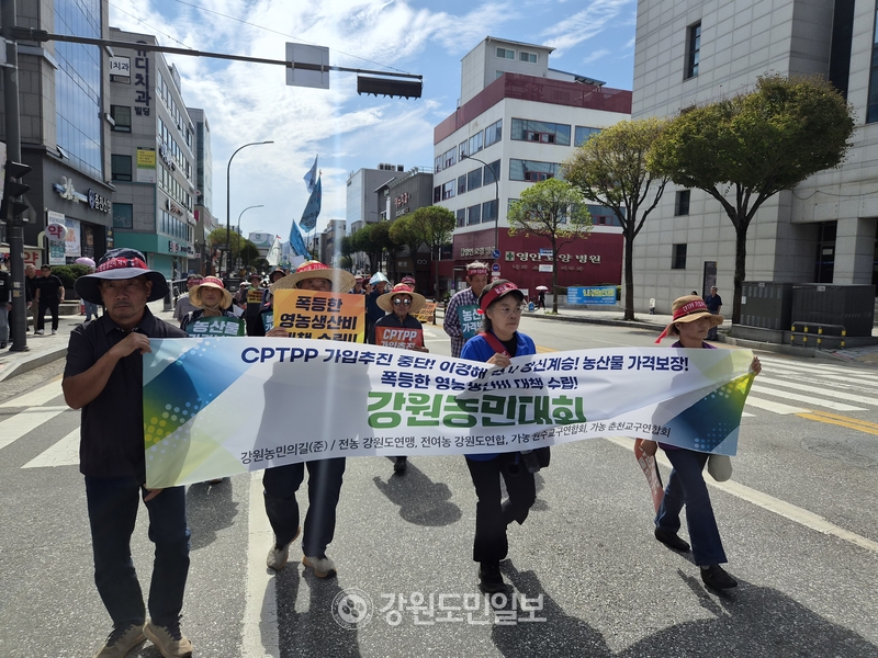 ▲ 전농 강원도연맹, 전여농 강원도연합, 가톨릭농민회 등 강원지역 농민단체가 8일 농협 강원본부에서 도청 앞까지 거리행진을 하며 포괄적·점진적 환태평양경제동반자협정(CPTPP)  가입 추진 중단을 촉구했다. 이설화 기자