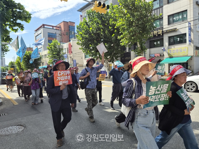 ▲ 전농 강원도연맹, 전여농 강원도연합, 가톨릭농민회 등 강원지역 농민단체가 8일 농협 강원본부에서 도청 앞까지 거리행진을 하며 포괄적·점진적 환태평양경제동반자협정(CPTPP)  가입 추진 중단을 촉구했다. 이설화 기자