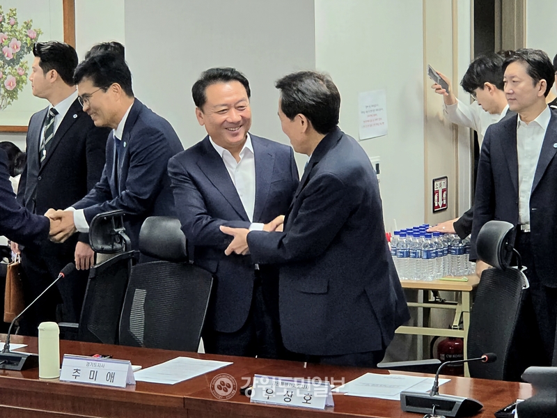 ▲ 29일 국회 의원회관에서 열린 미래대응기금 당정협의에 앞서 우상호 강원도지사와 이광재 국회 예산결산특별위원장이 인사를 나누고 있다. 이세훈 기자
