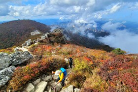 설악산 첫 단풍 즐기는 등반객